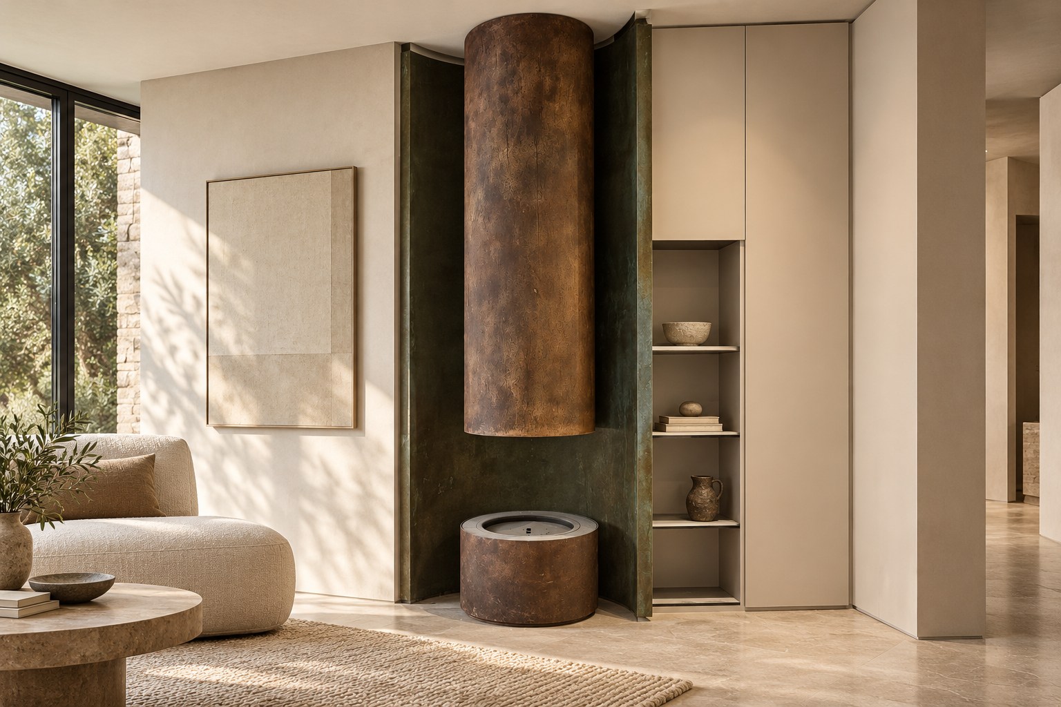 Cylindrical metallic fireplace in an interior study