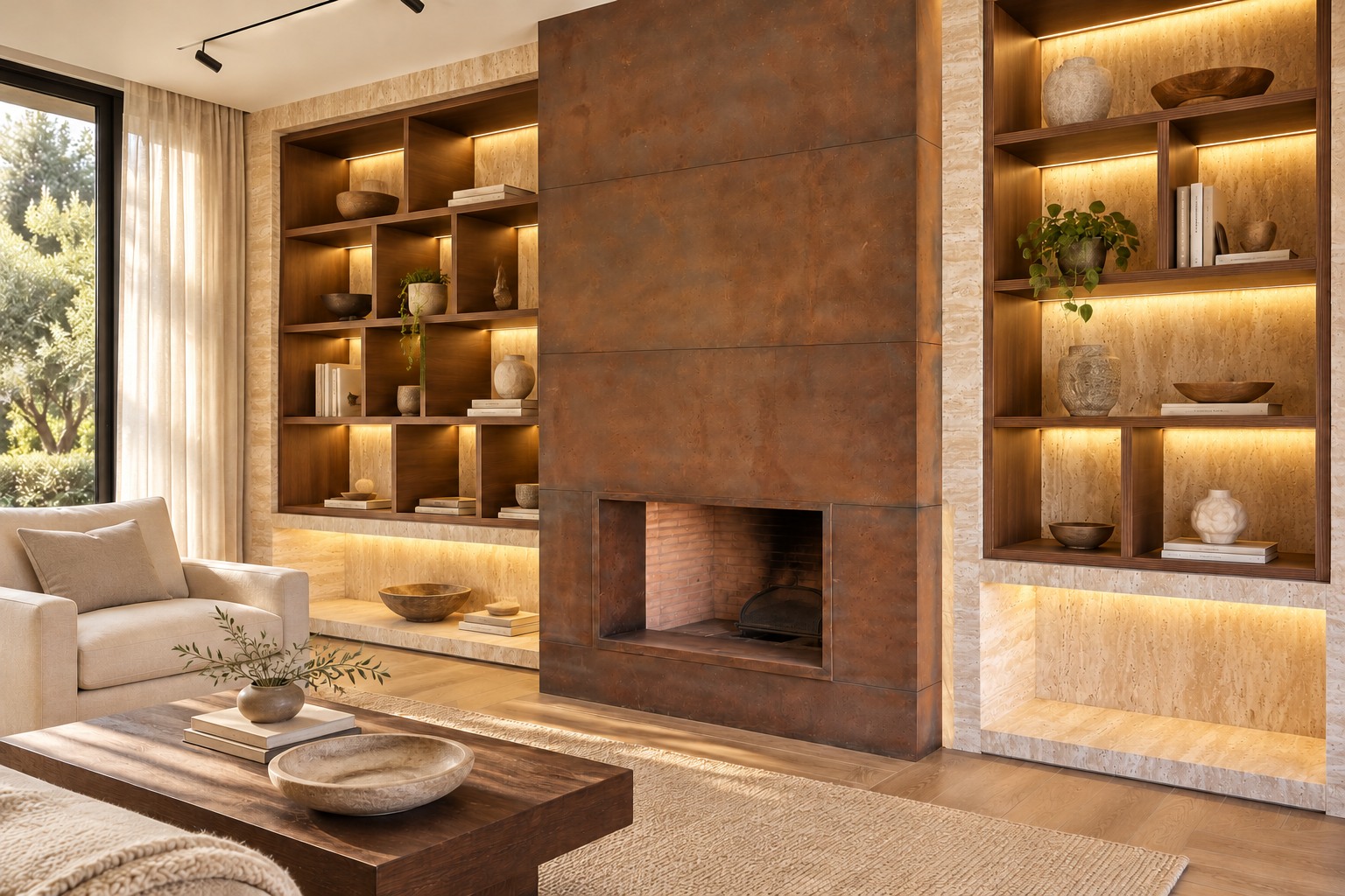 Angled view of the same patinated fireplace without face sockets