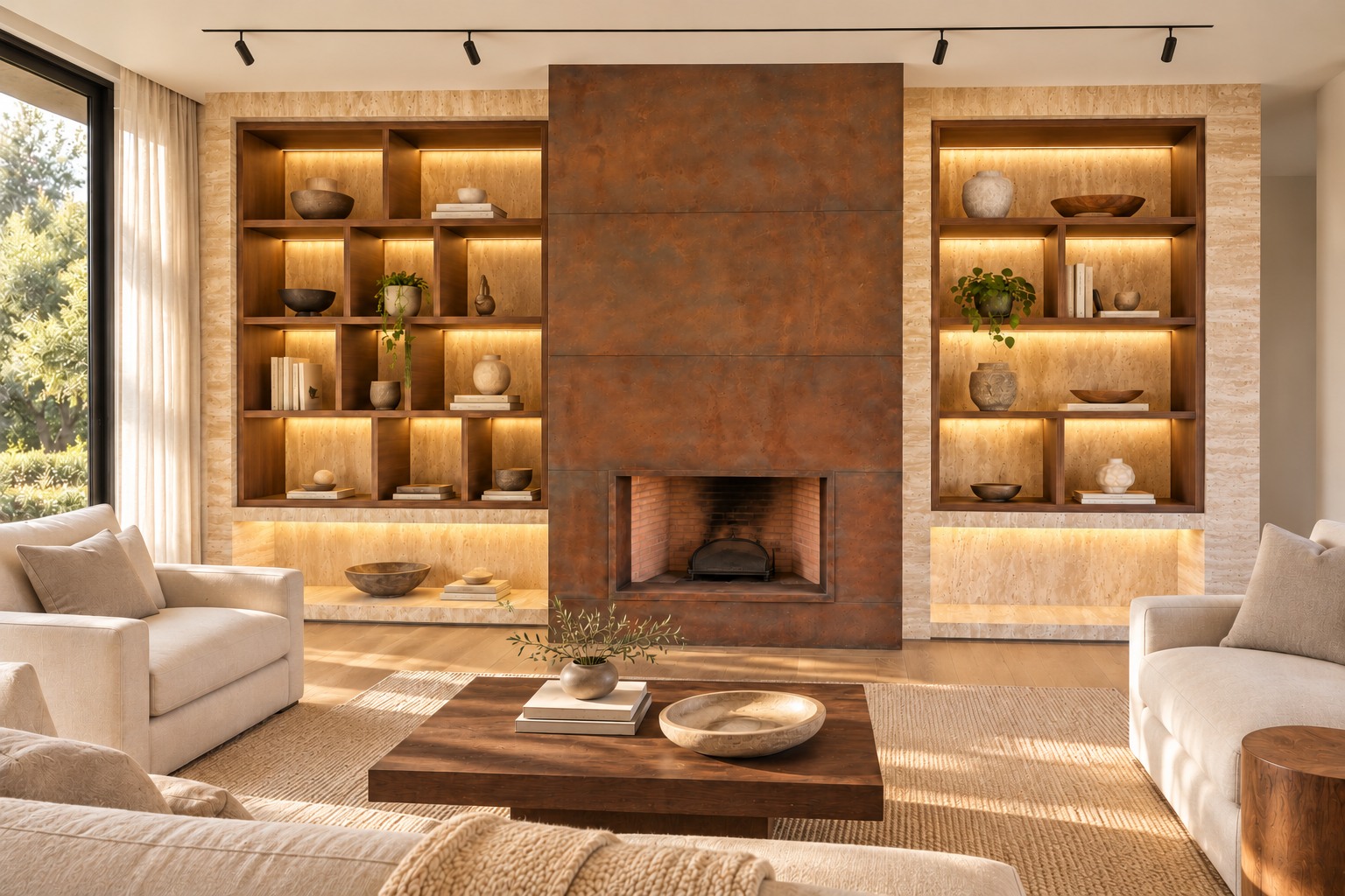 Patinated metallic fireplace without face sockets